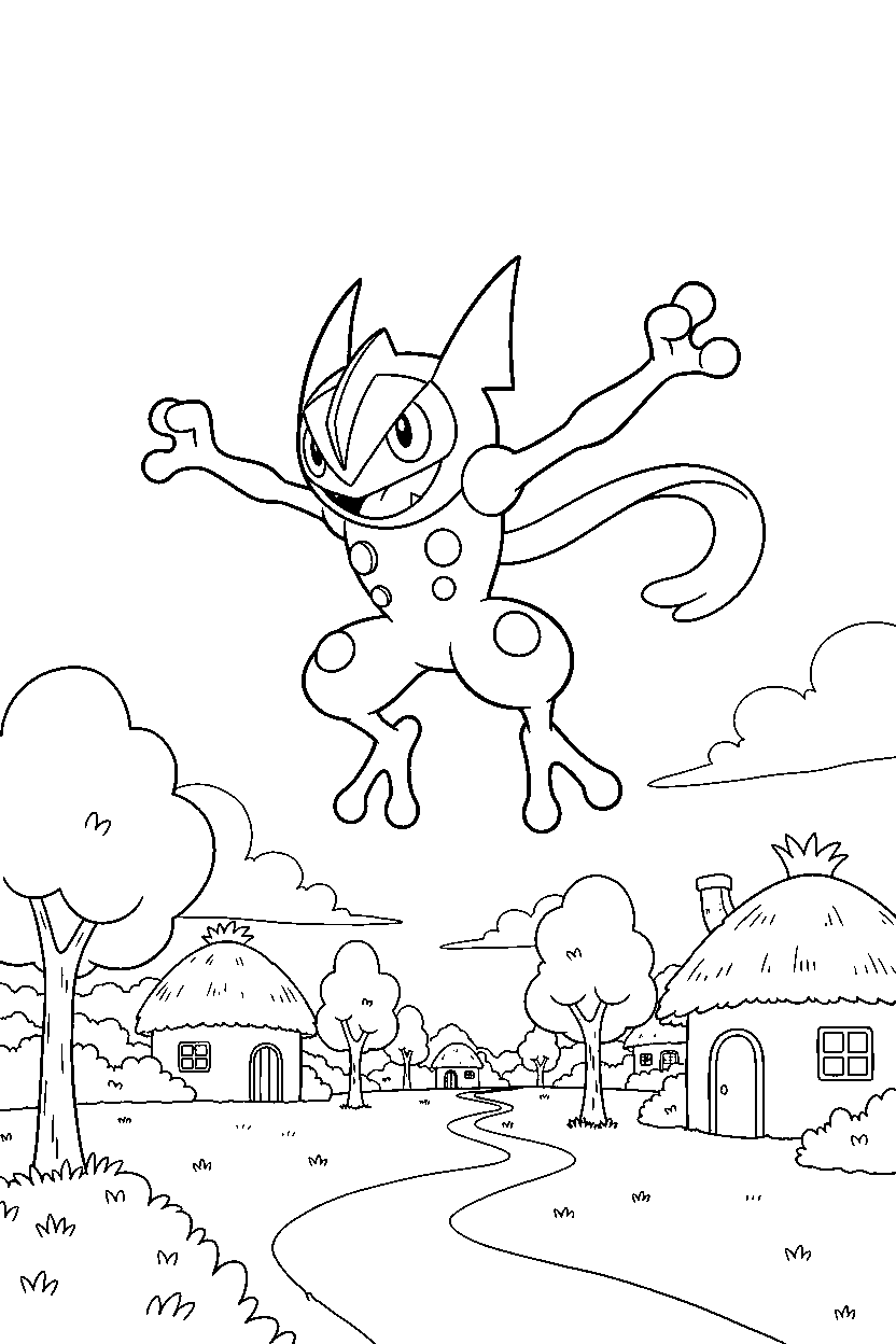 greninja pokemon jumping happily in a peaceful village line art