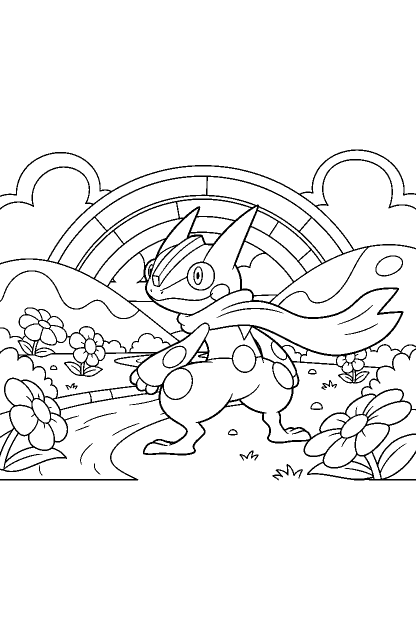 greninja pokemon looking around in a rainbow valley line art