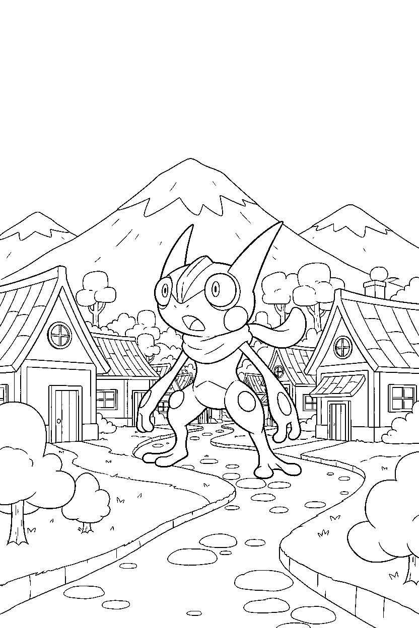 greninja pokemon looking surprised in a mountain village line art