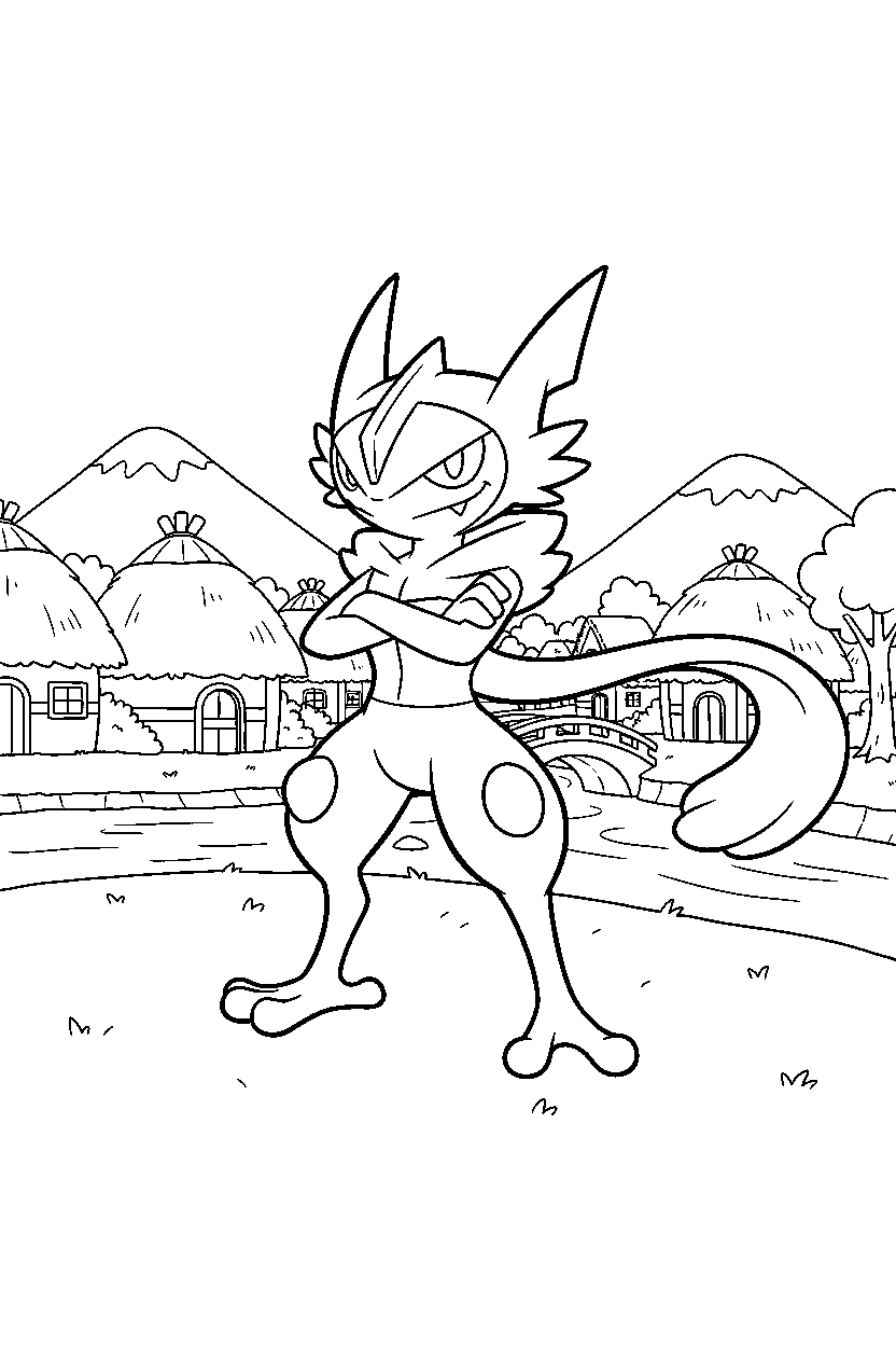 greninja pokemon posing proudly in a peaceful village line art