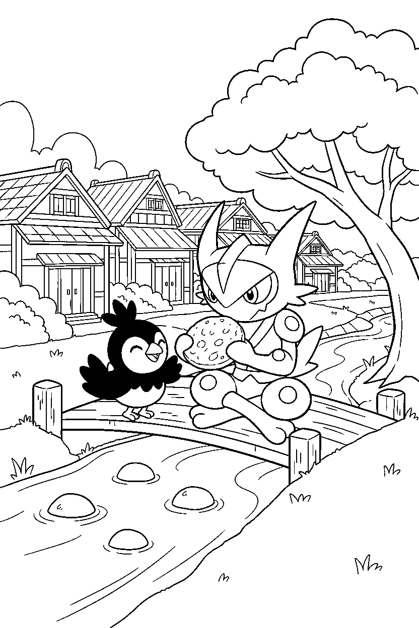greninja pokemon sharing a snack in a peaceful village line art