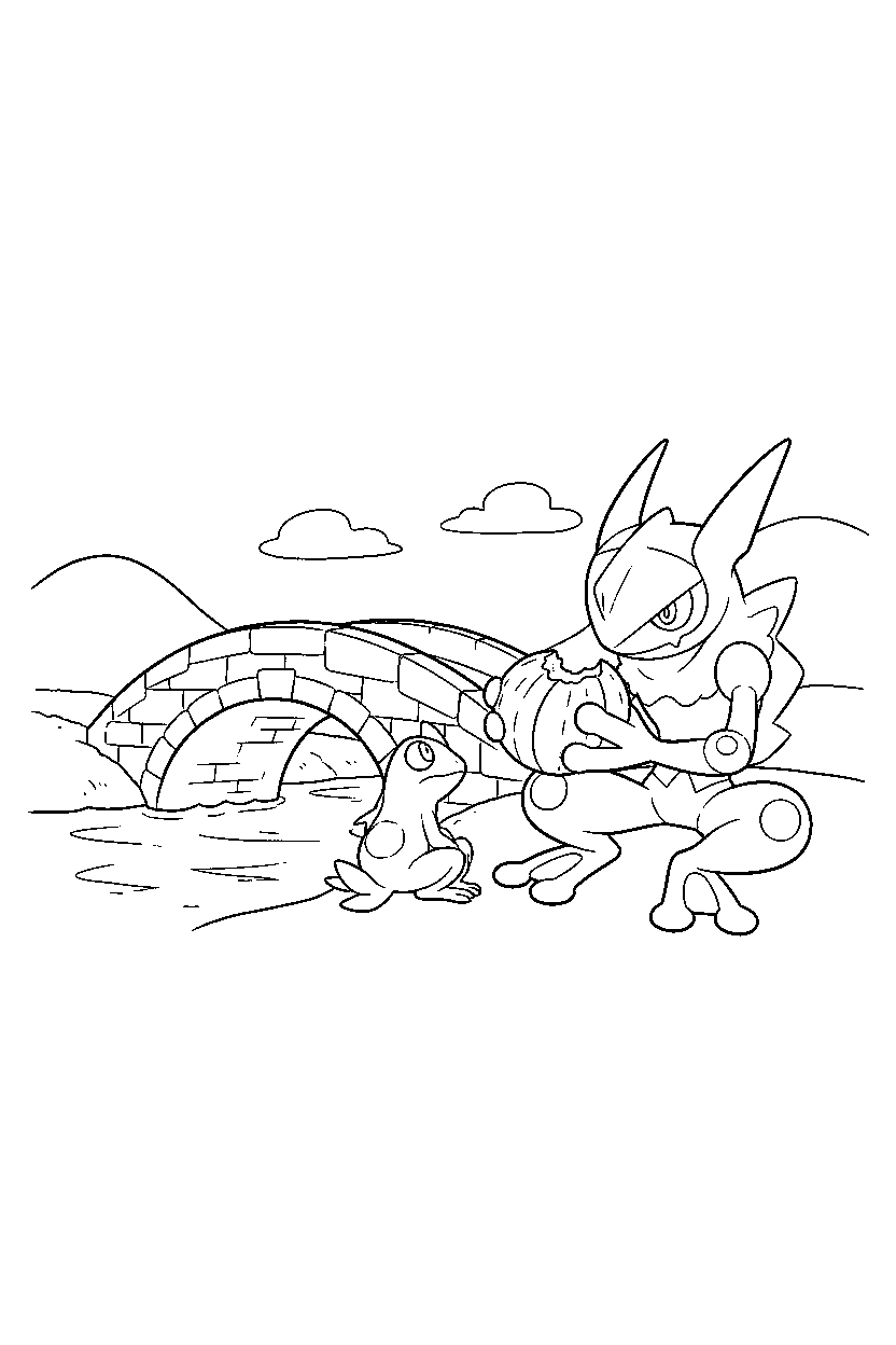 greninja pokemon sharing a snack near a bridge line art