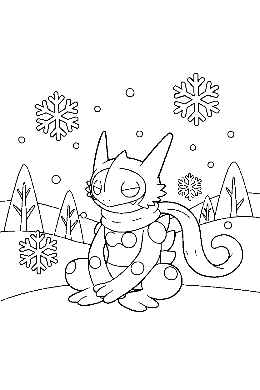 greninja pokemon sitting peacefully in a winter landscape line art