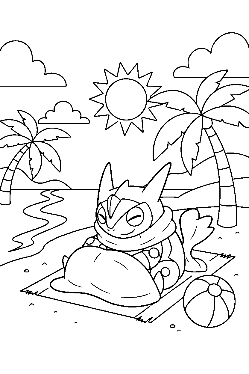 greninja pokemon sleeping peacefully on a sunny beach line art