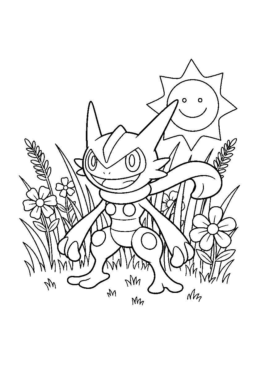 greninja pokemon smiling happily in a sunny meadow line art