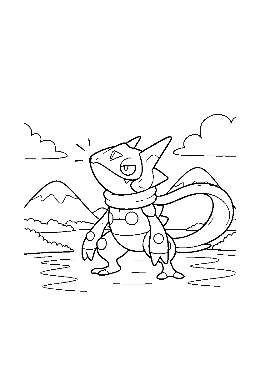 greninja pokemon sniffing the air near a peaceful lake line art