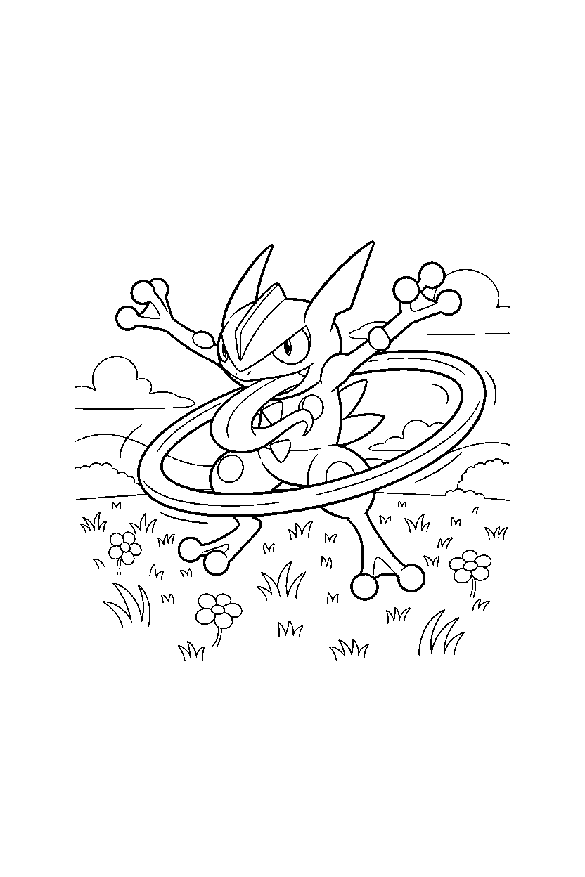 greninja pokemon spinning happily in a grassy field line art