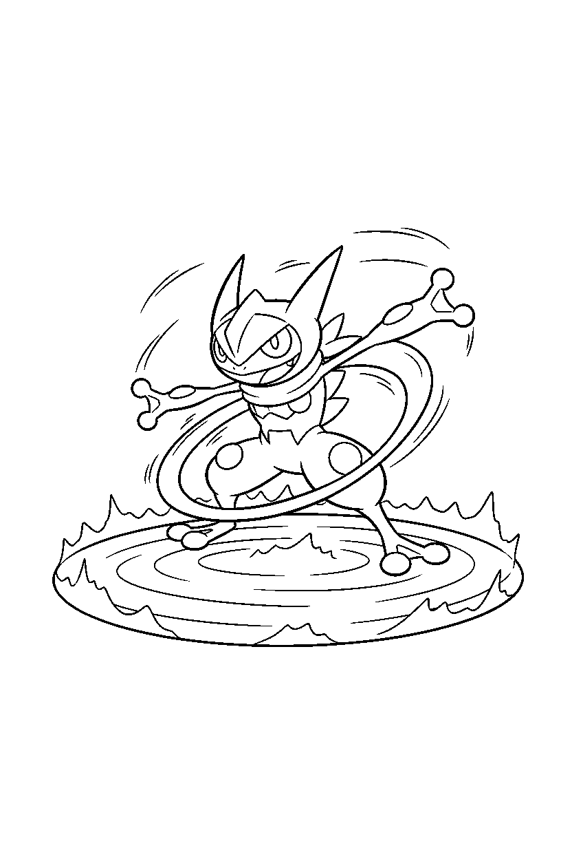 greninja pokemon spinning happily on a glowing plain line art