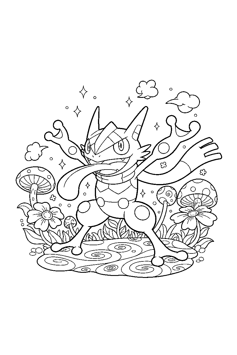 greninja pokemon stretching happily in a magical landscape line art