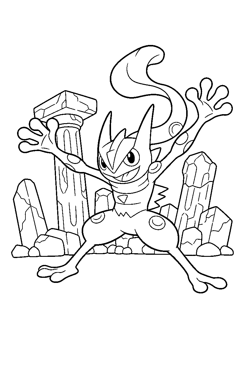 greninja pokemon stretching happily near ancient ruins line art