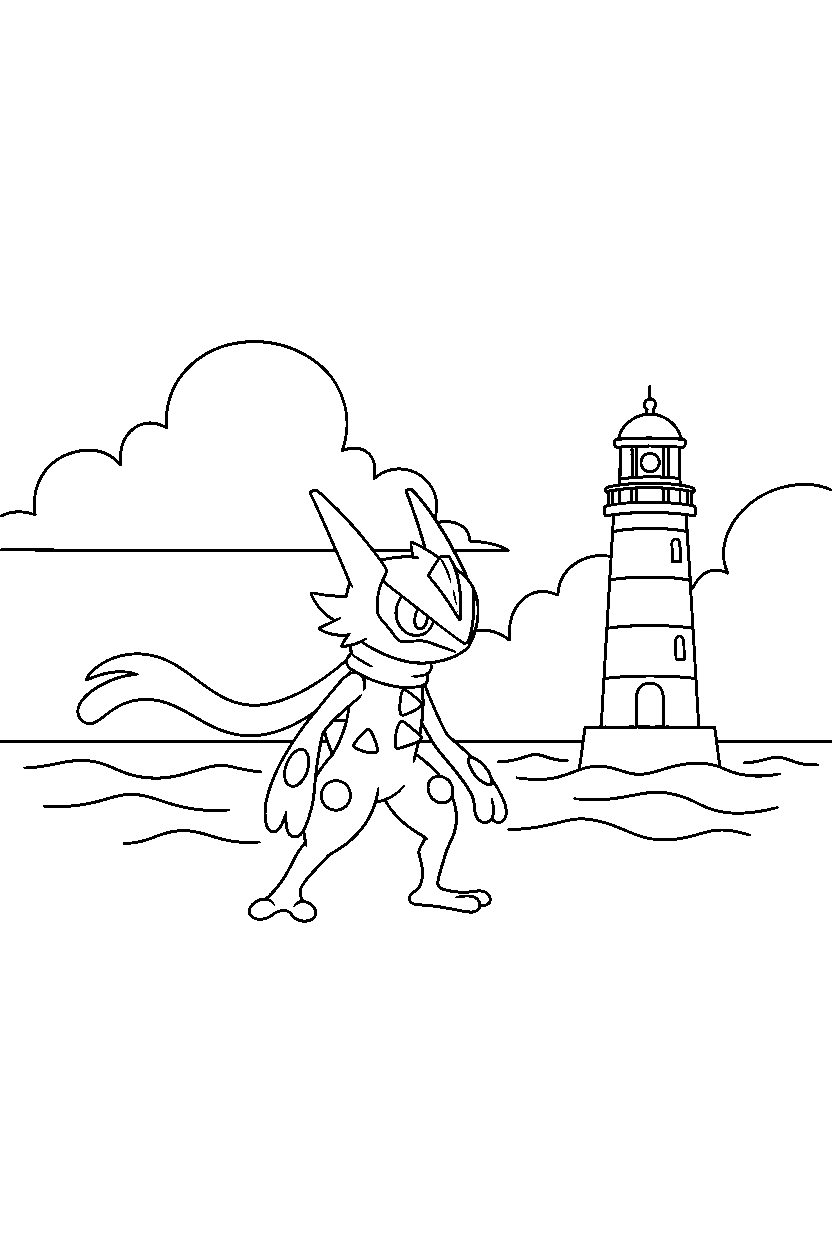 greninja pokemon walking gently near a lighthouse line art