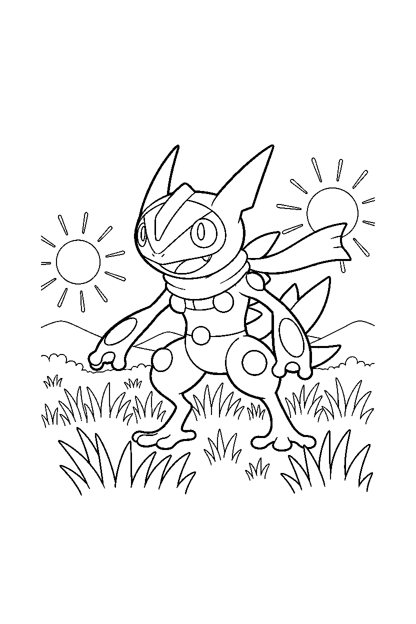 greninja pokemon walking happily in a grassy field line art