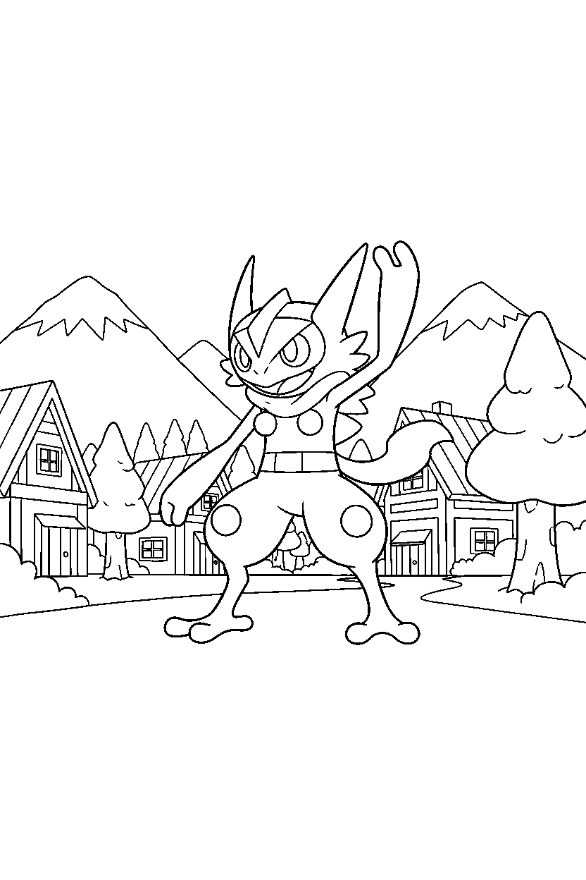 greninja pokemon walking happily in a mountain village line art