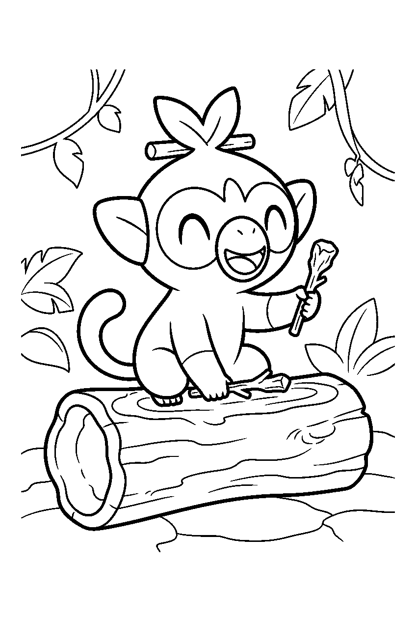 grookey drumming on a hollow log in a jungle clearing line art