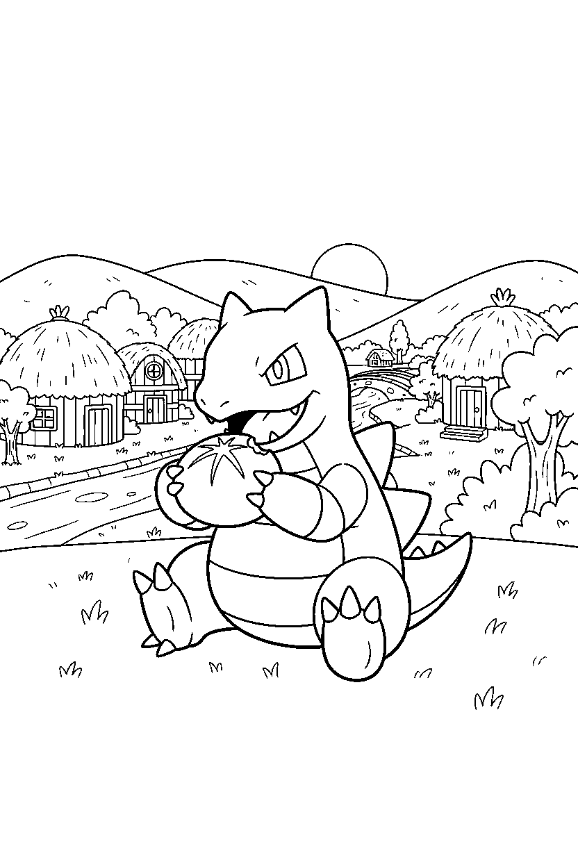 groudon pokemon eating a snack in a peaceful village line art