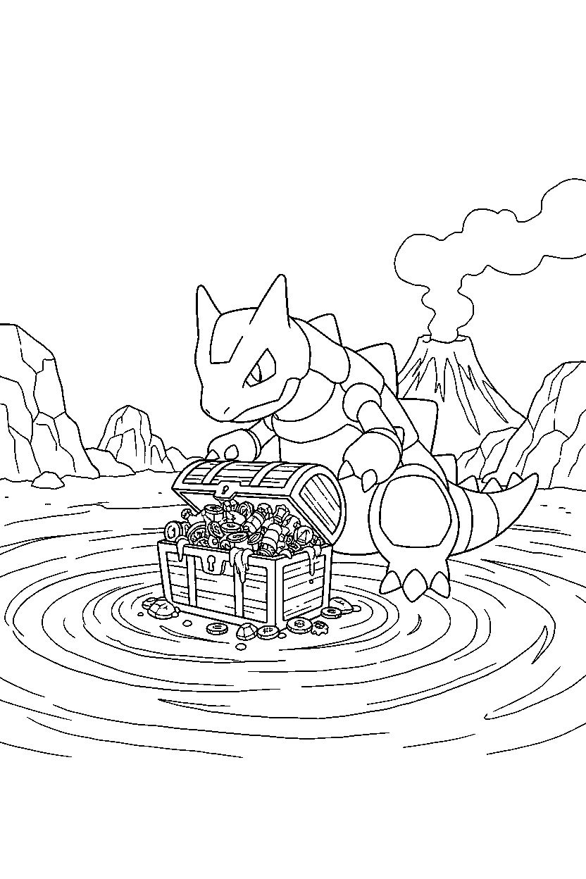 groudon pokemon finding a treasure on a glowing plain line art