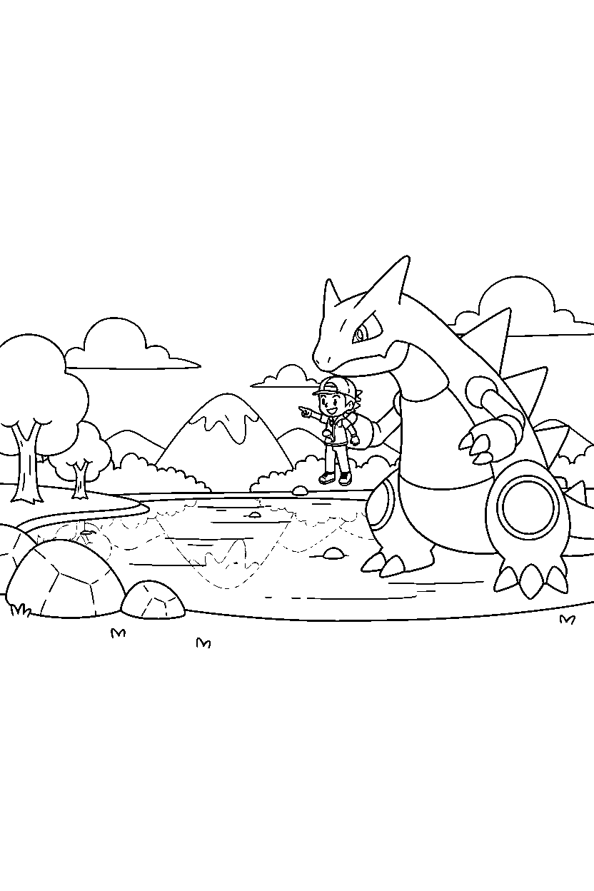 groudon pokemon helping a trainer near a peaceful lake line art