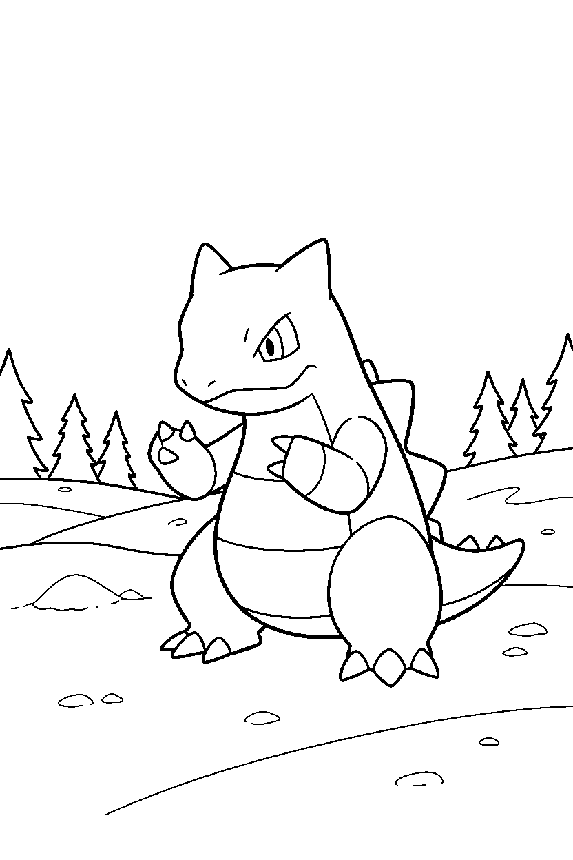 groudon pokemon looking curious in a snowy field line art