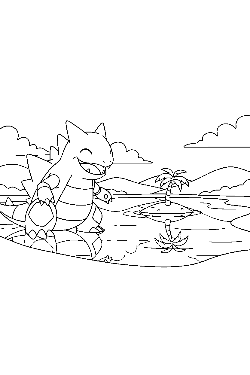 groudon pokemon looking happy near a peaceful lake line art