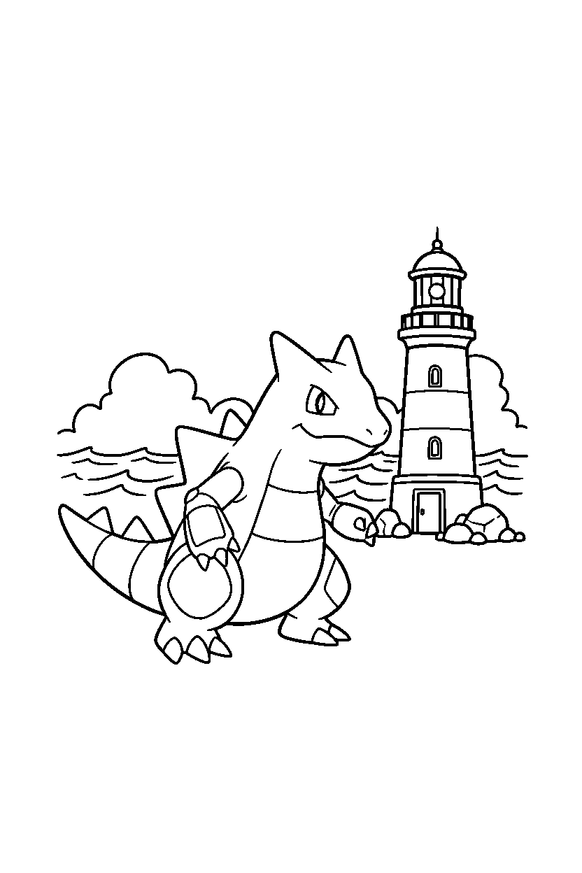 groudon pokemon walking happily near a lighthouse line art