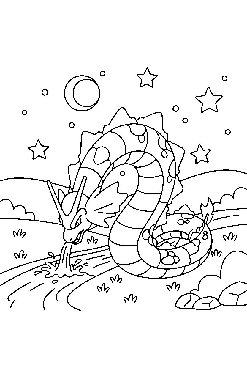 gyarados pokemon drinking water on a starry night field line art