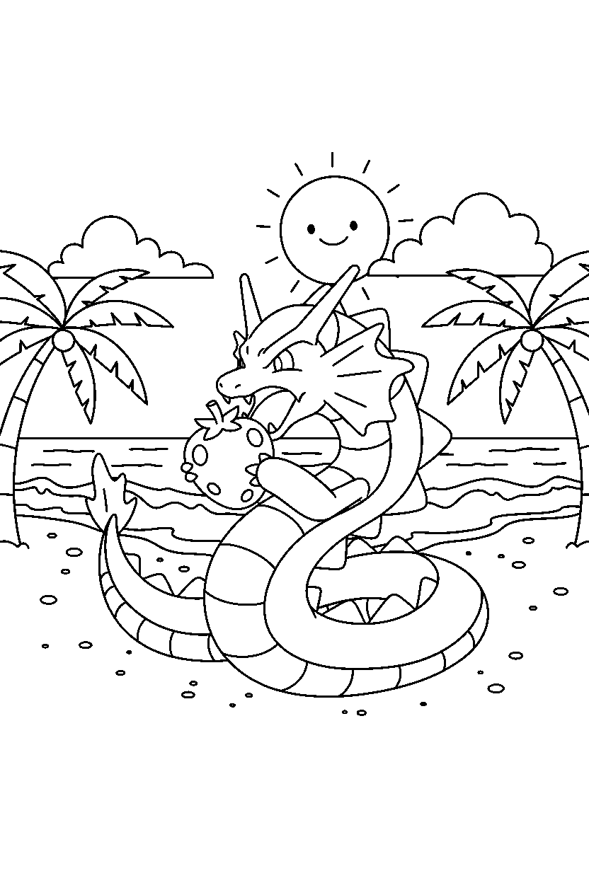 gyarados pokemon eating a snack on a sunny beach line art