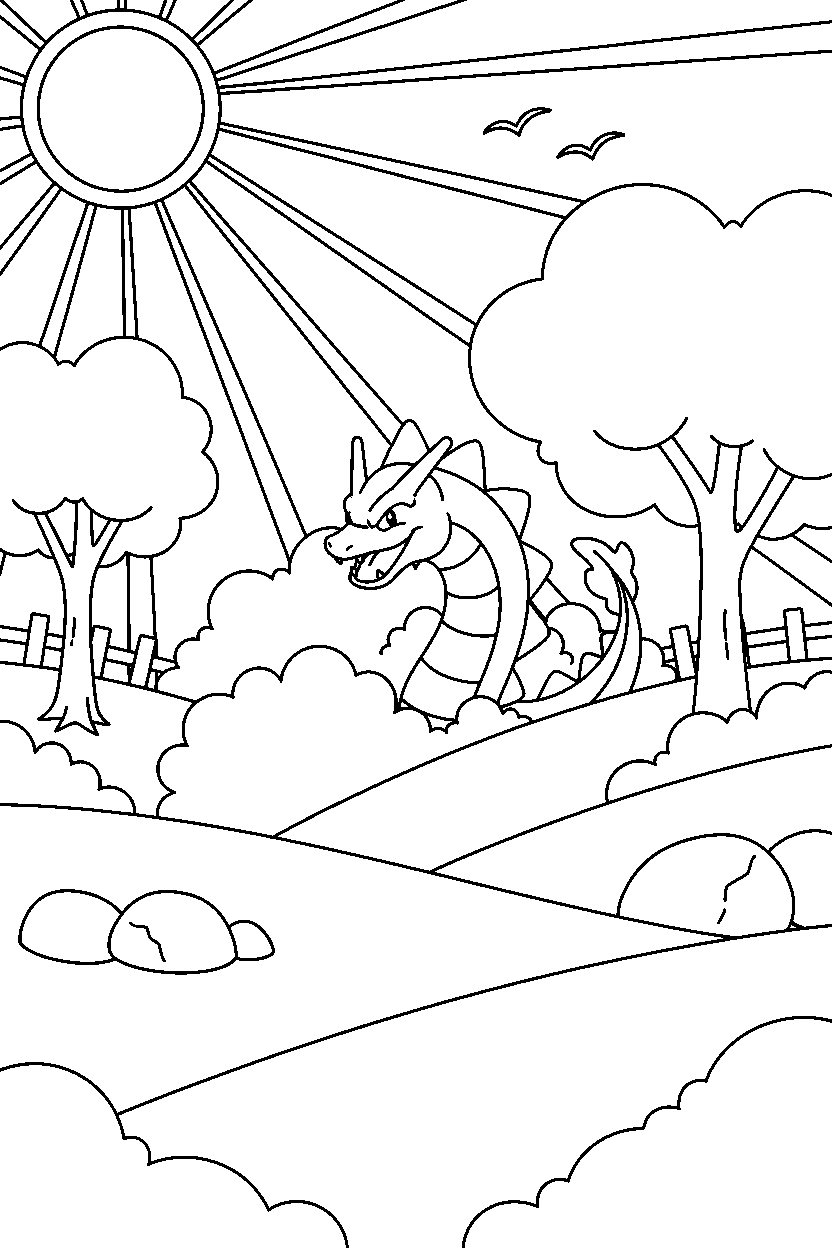 gyarados pokemon hiding playfully in a sunny countryside line art