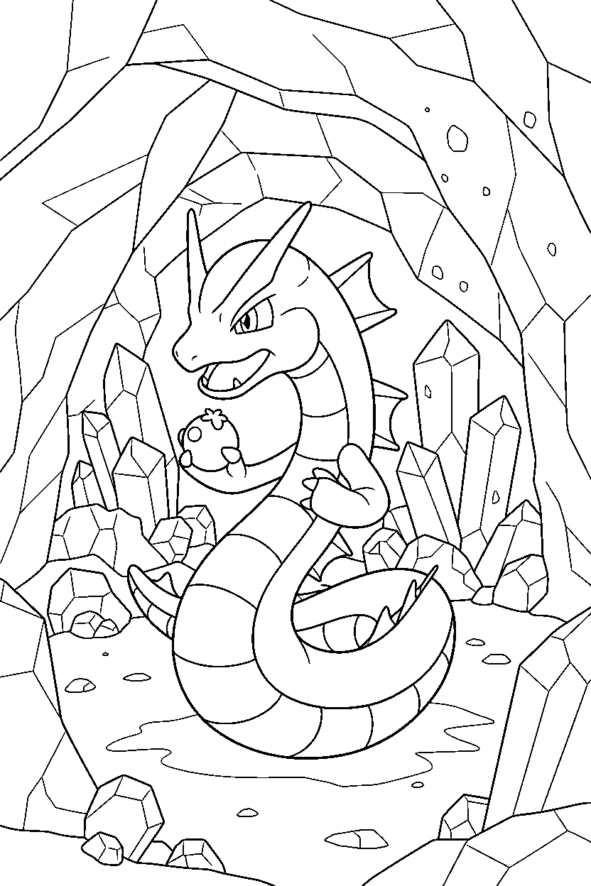 gyarados pokemon holding a berry inside a crystal cave line art