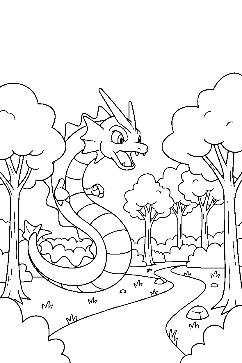 gyarados pokemon looking around near a forest path line art