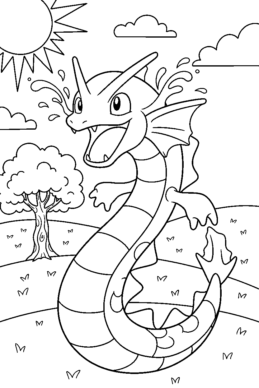 gyarados pokemon looking excited in a sunny countryside line art