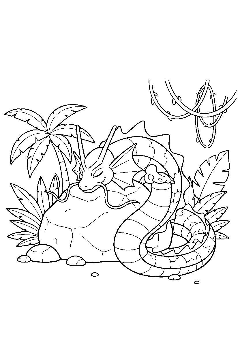 gyarados pokemon resting peacefully in a jungle line art