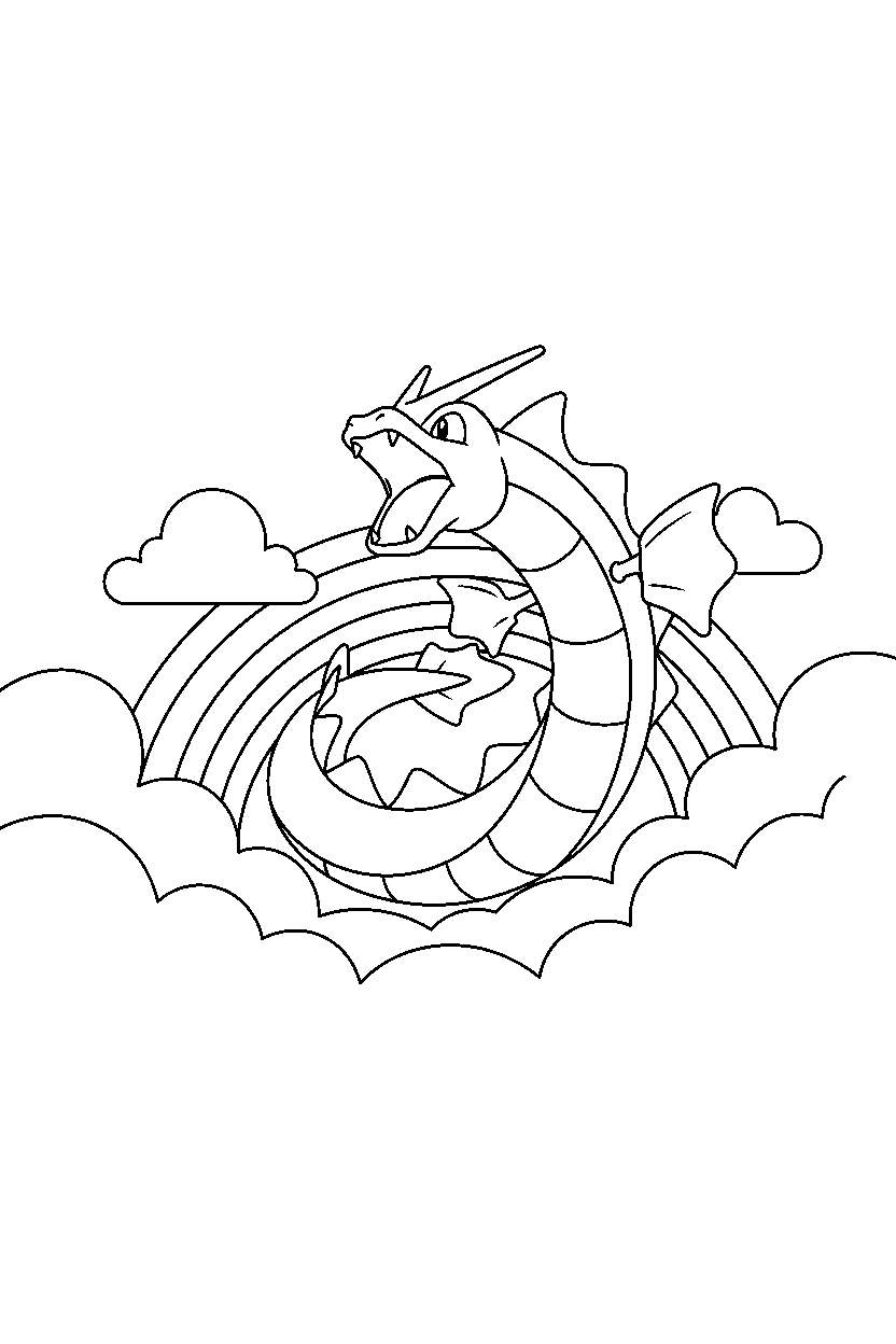 gyarados pokemon stretching happily in a rainbow valley line art