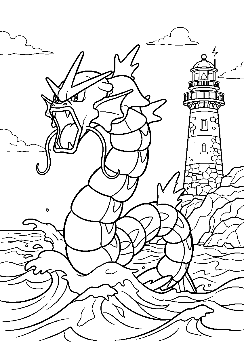 gyarados rising from the ocean near a lighthouse line art
