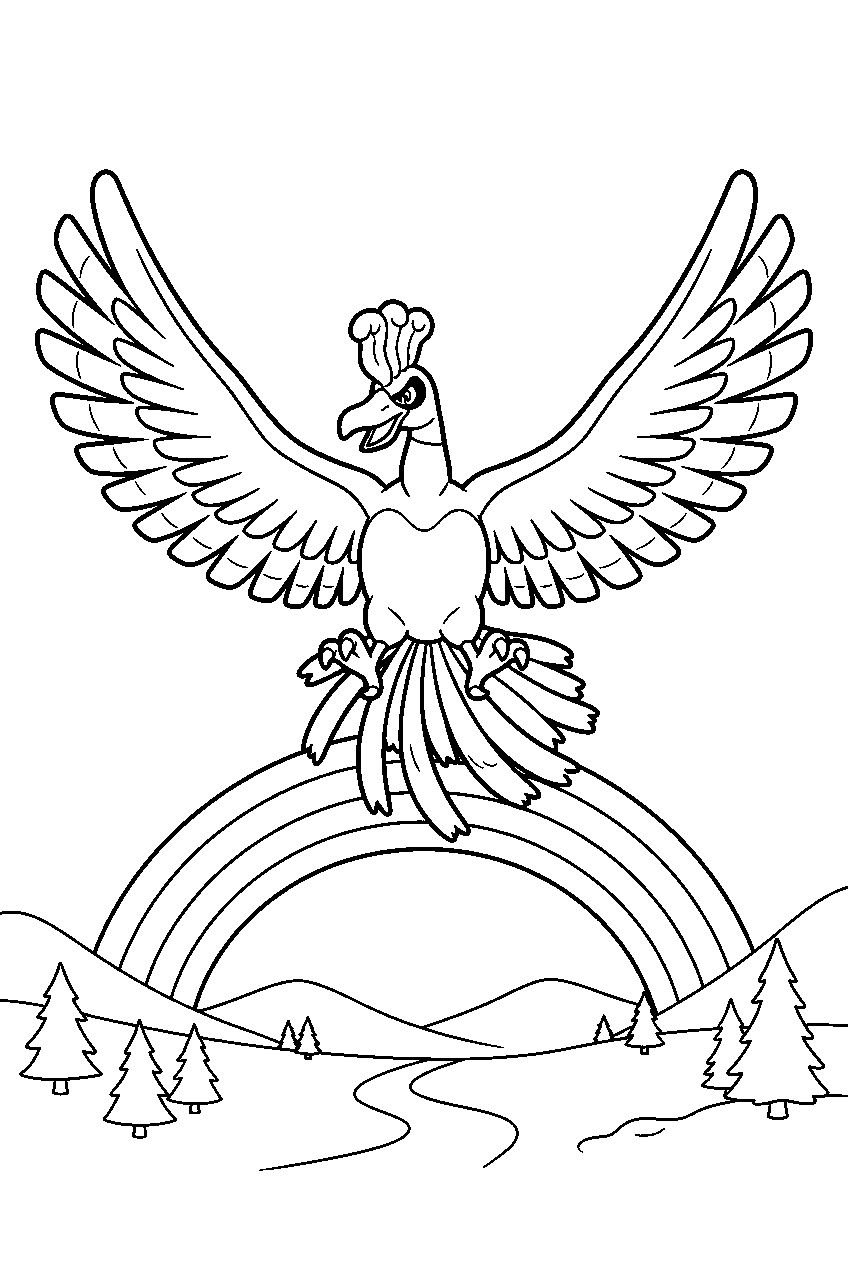 ho oh spreading its wings above a rainbow valley line art