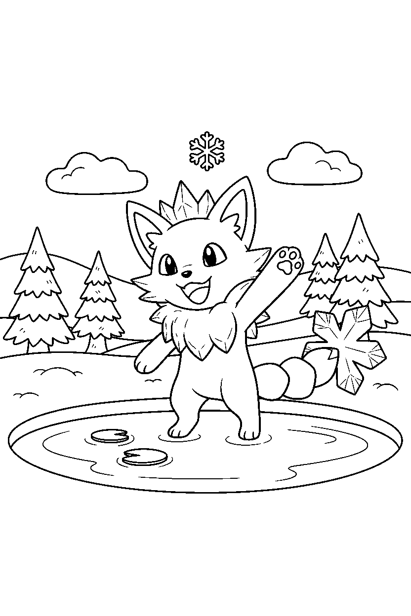 ice pokemon waving happily near a peaceful pond line art