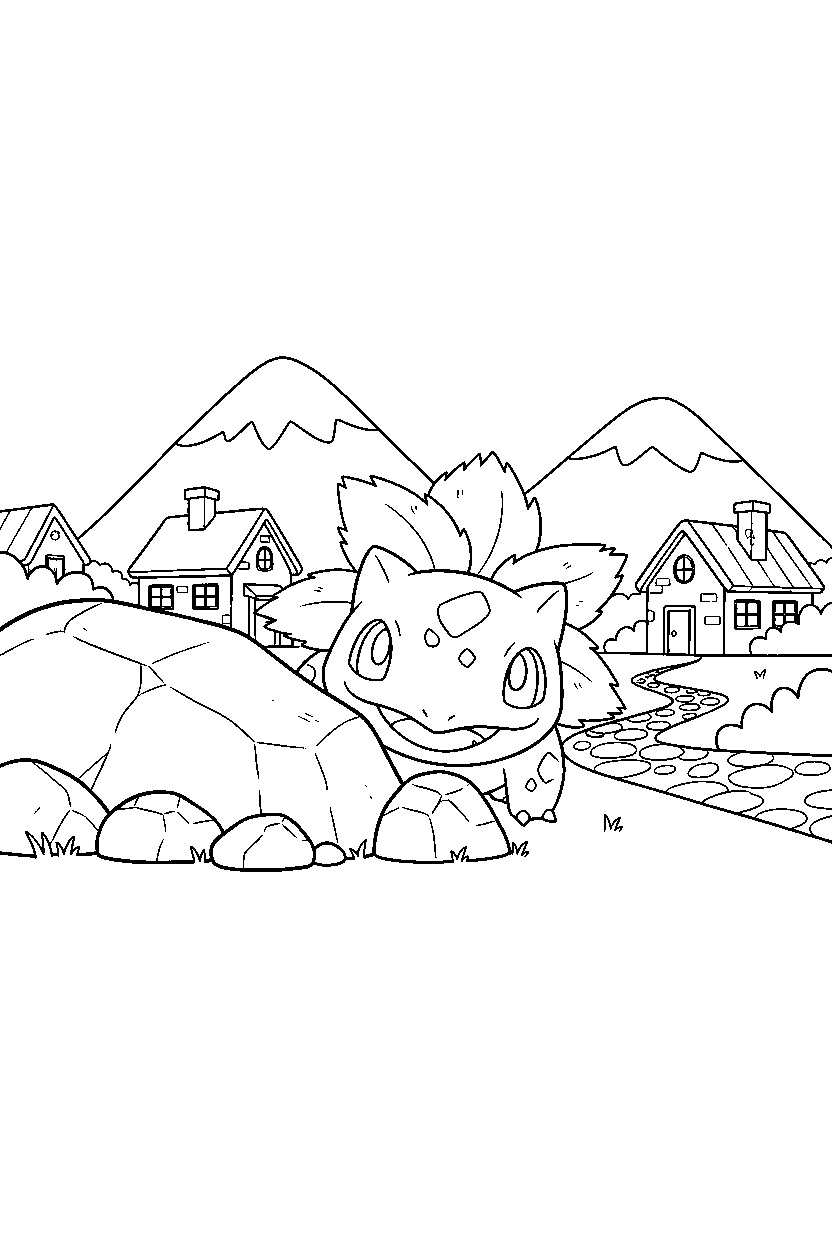 ivysaur pokemon hiding playfully in a mountain village line art