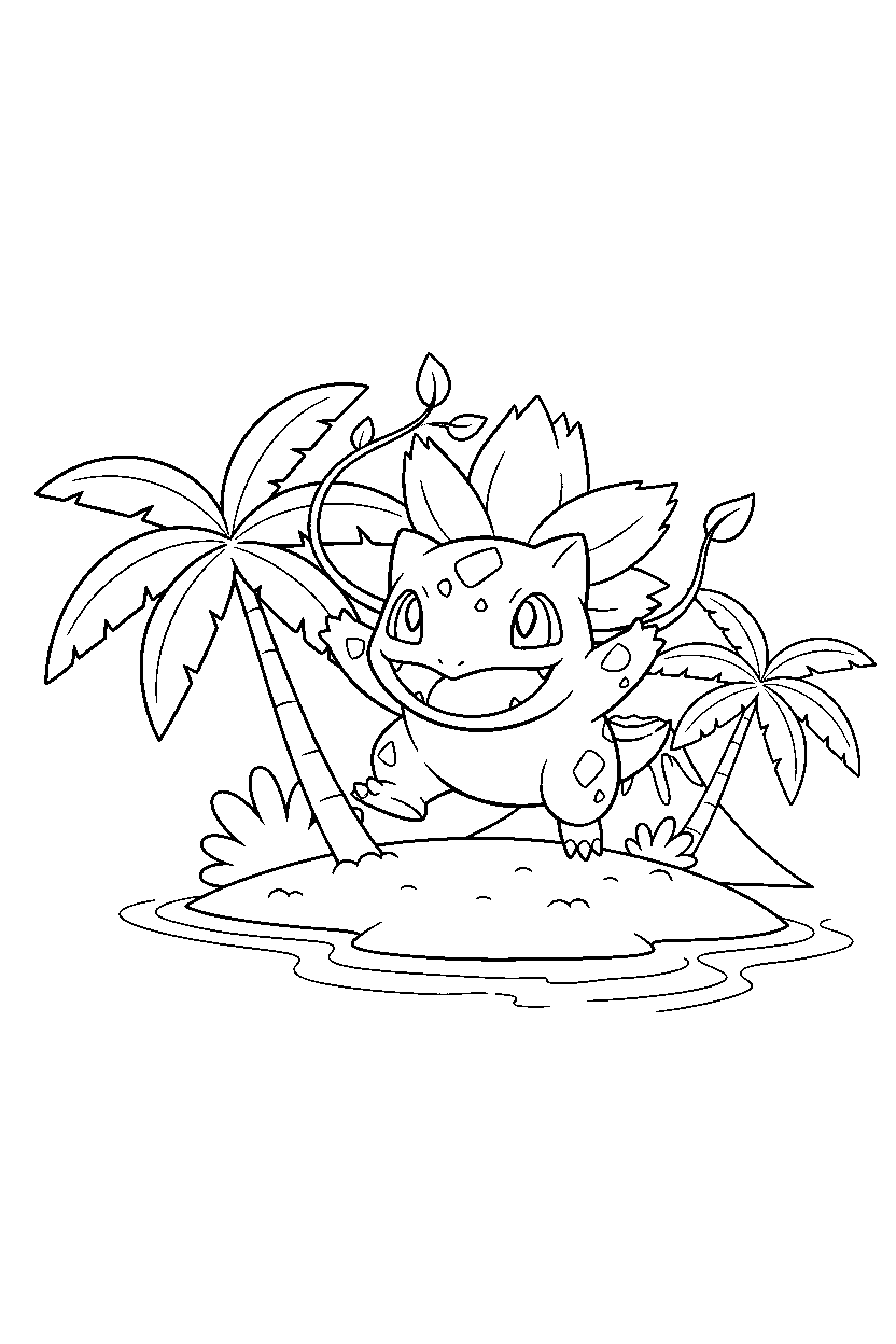 ivysaur pokemon jumping happily on a tropical island line art