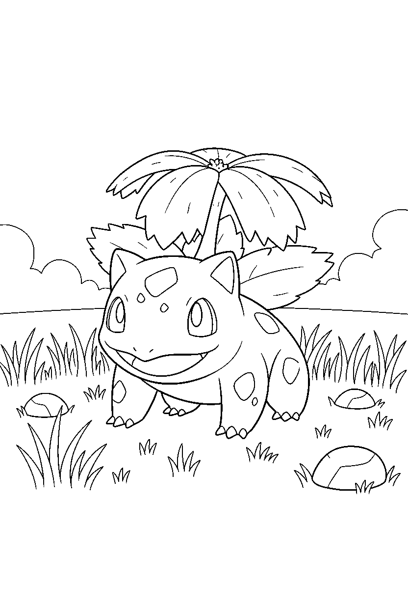 ivysaur pokemon looking happy in a grassy field line art