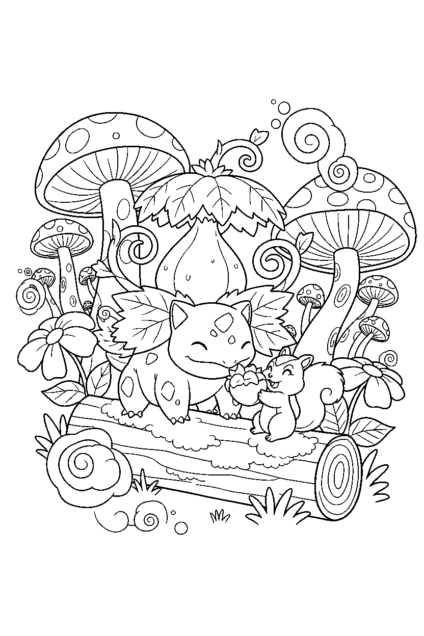 ivysaur pokemon sharing a snack in a magic forest line art