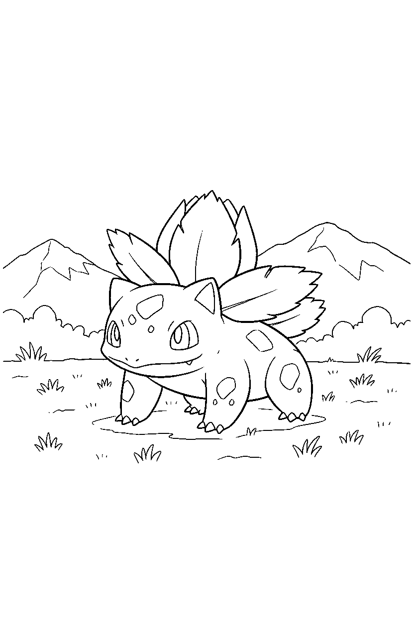 ivysaur pokemon walking gently in a grassy field line art
