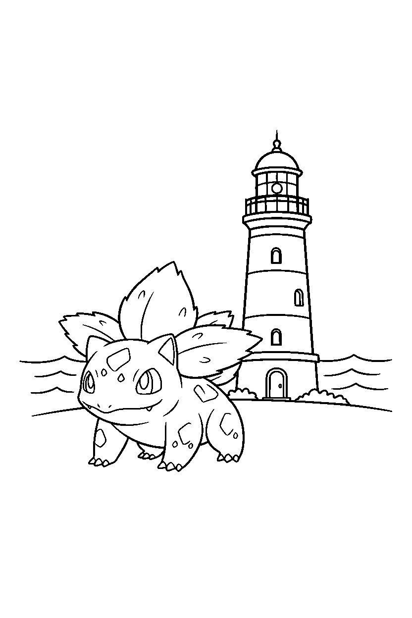 ivysaur pokemon walking proudly near a lighthouse line art