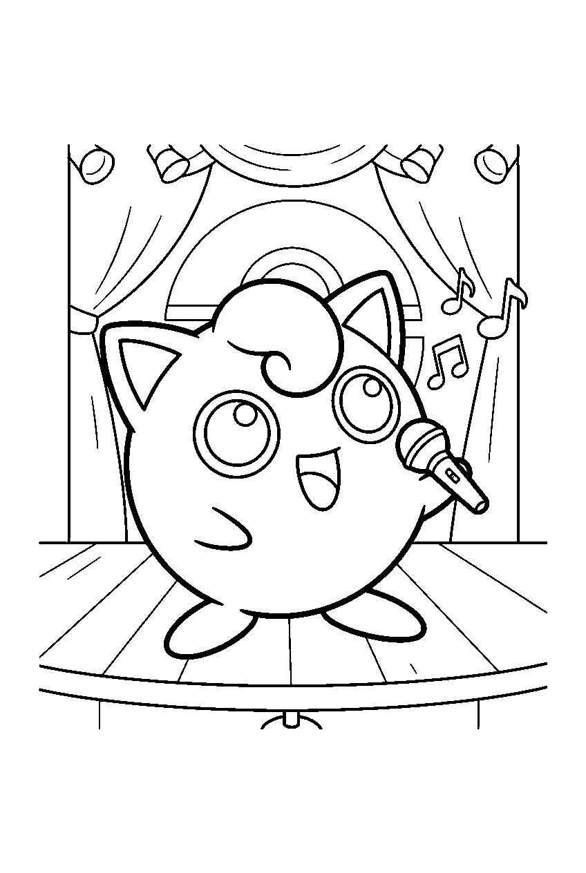 jigglypuff singing into a microphone on a concert stage line art