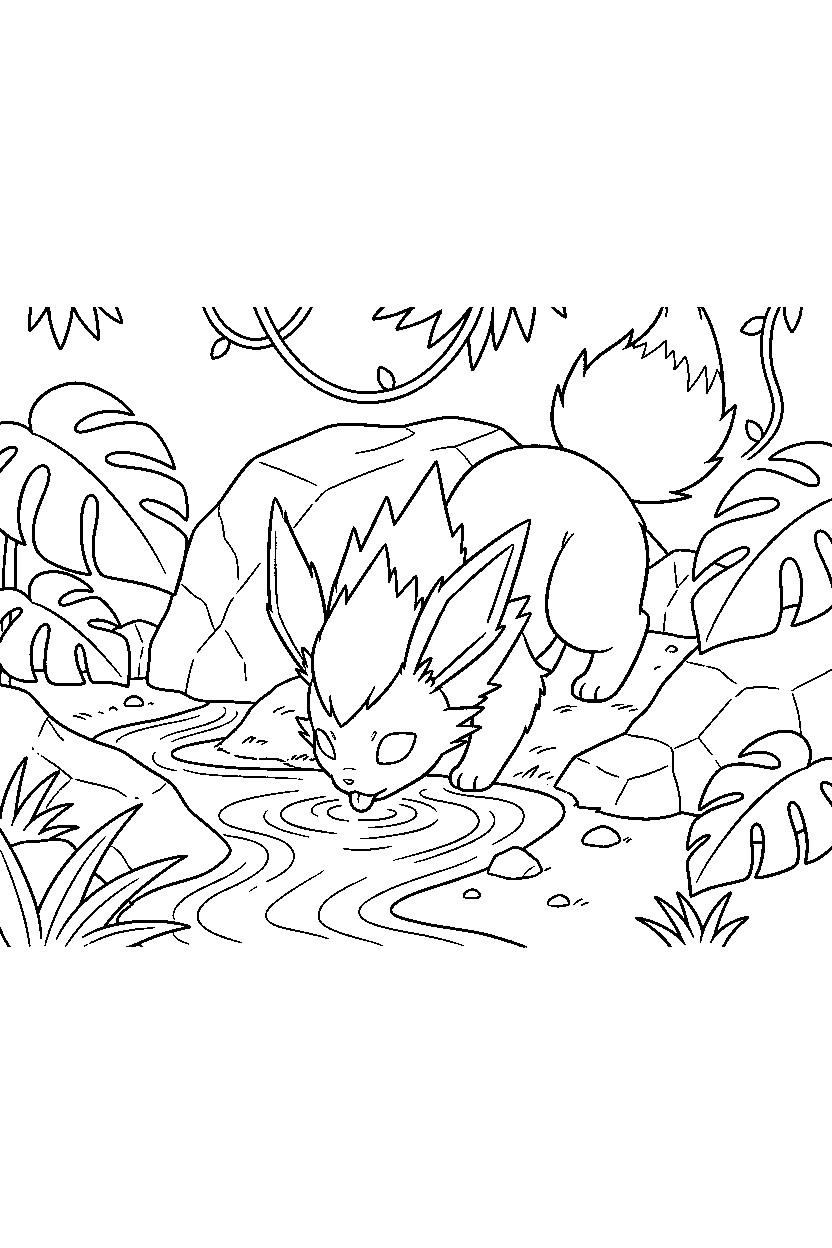 jolteon pokemon drinking water in a jungle line art