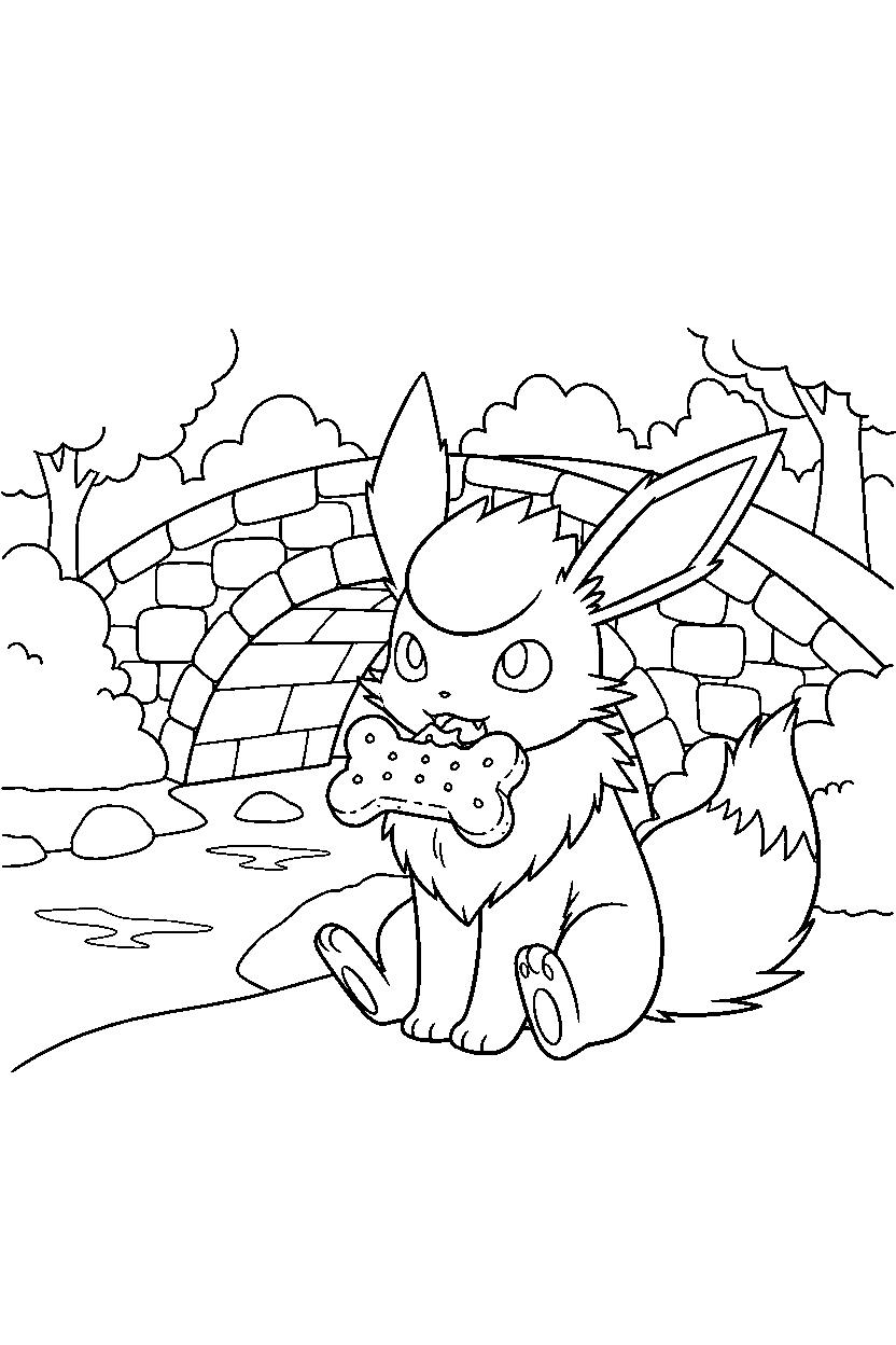 jolteon pokemon eating a snack near a bridge line art
