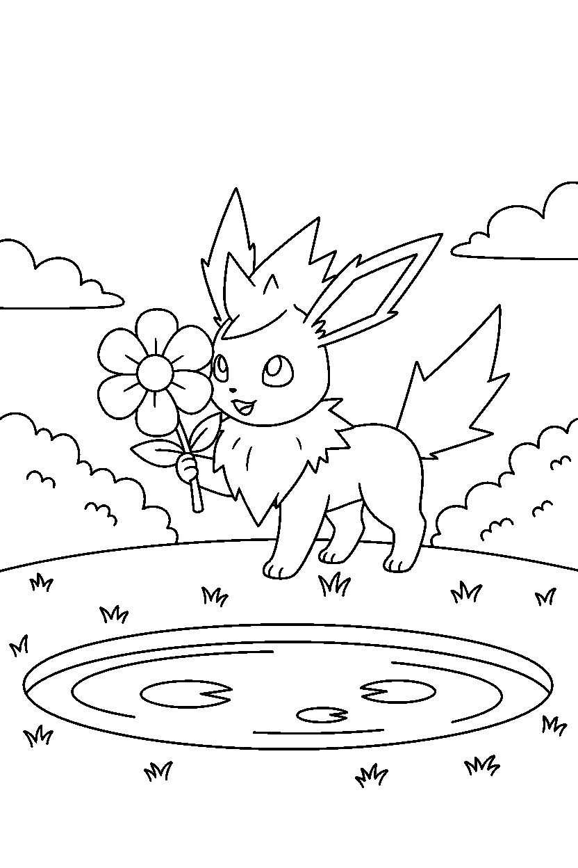 jolteon pokemon holding a flower near a peaceful pond line art
