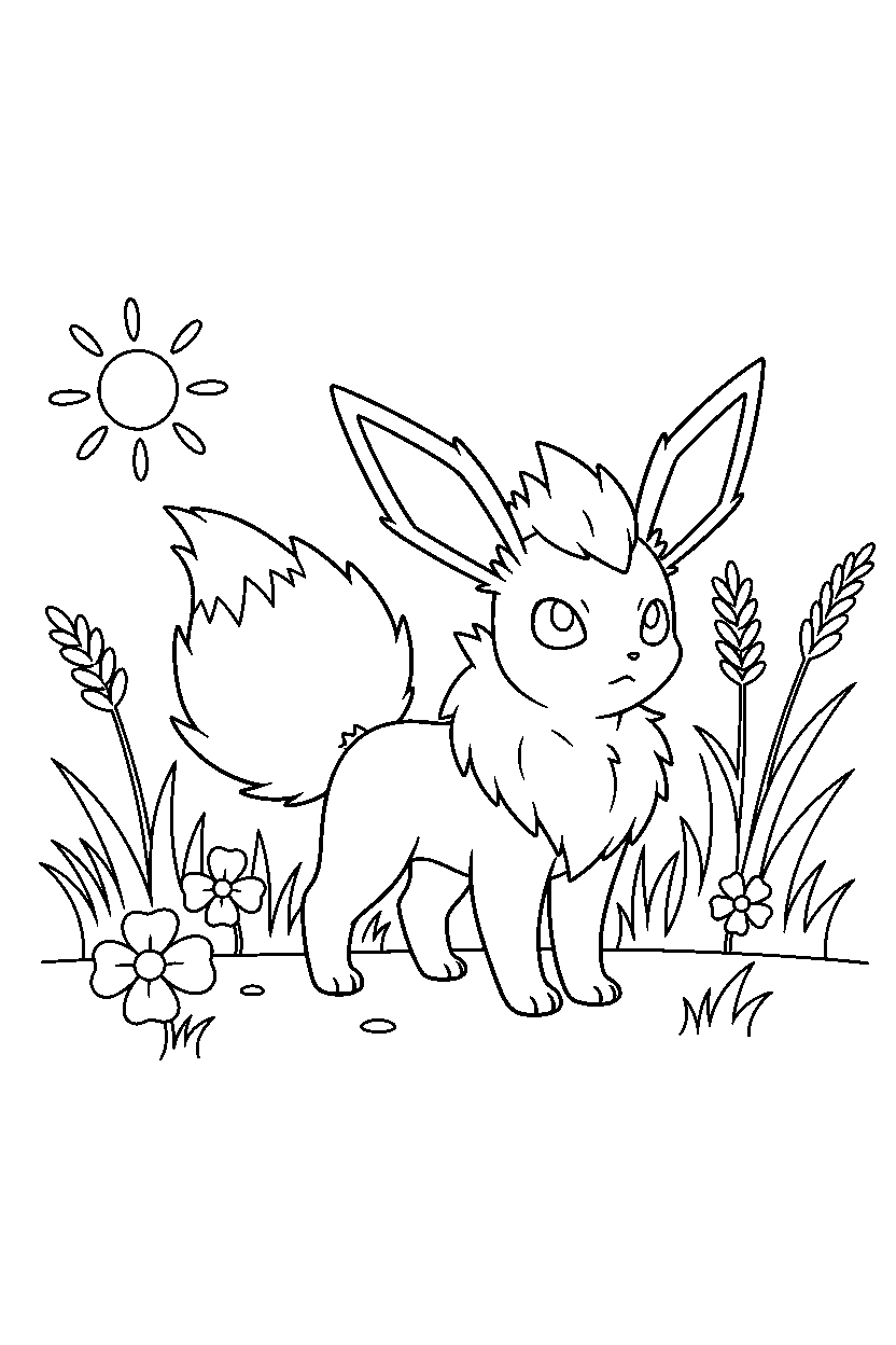 jolteon pokemon looking around in a sunny meadow line art