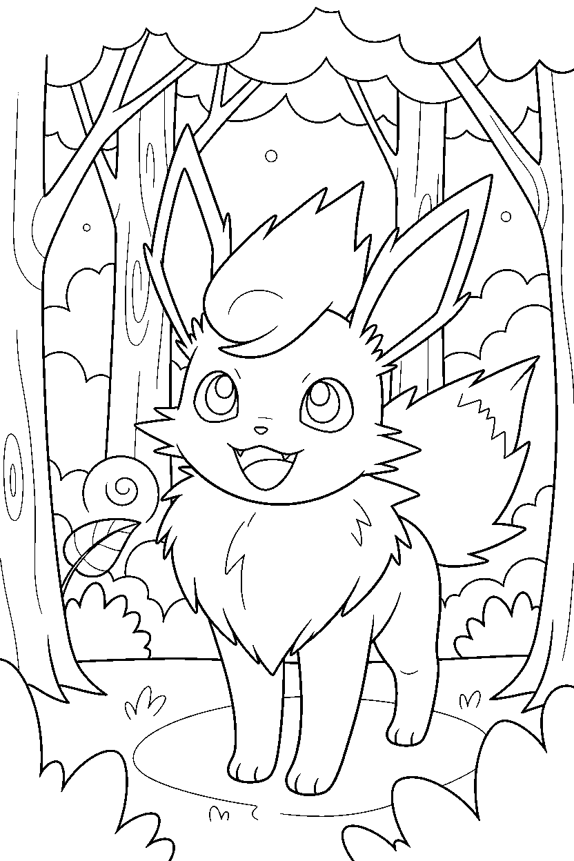 jolteon pokemon smiling happily in a hidden forest line art