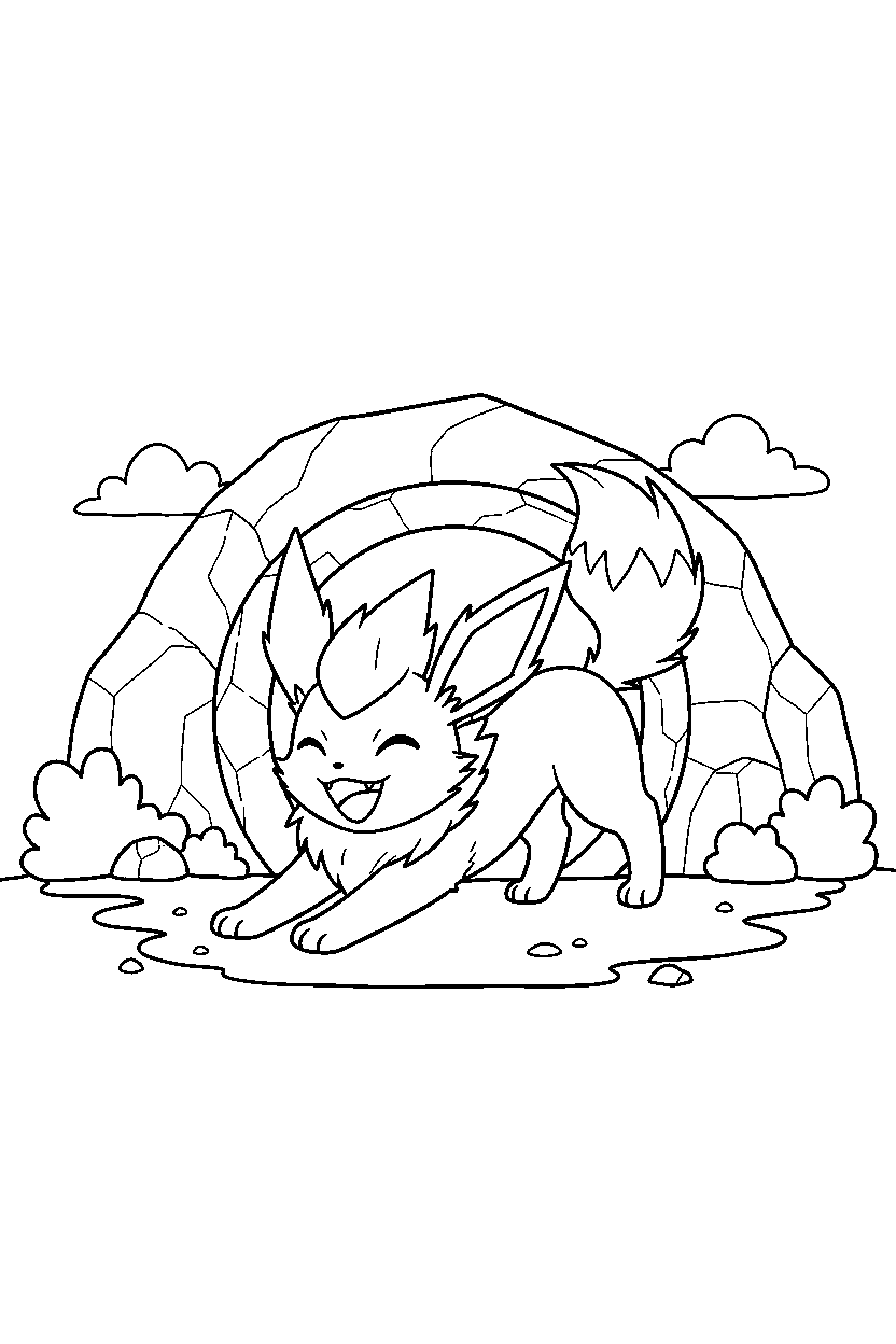 jolteon pokemon stretching happily near a cave entrance line art
