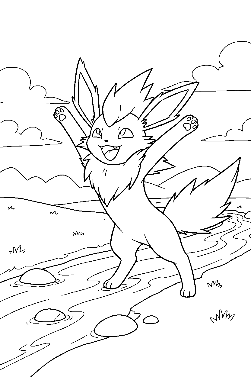 jolteon pokemon stretching happily near a river line art