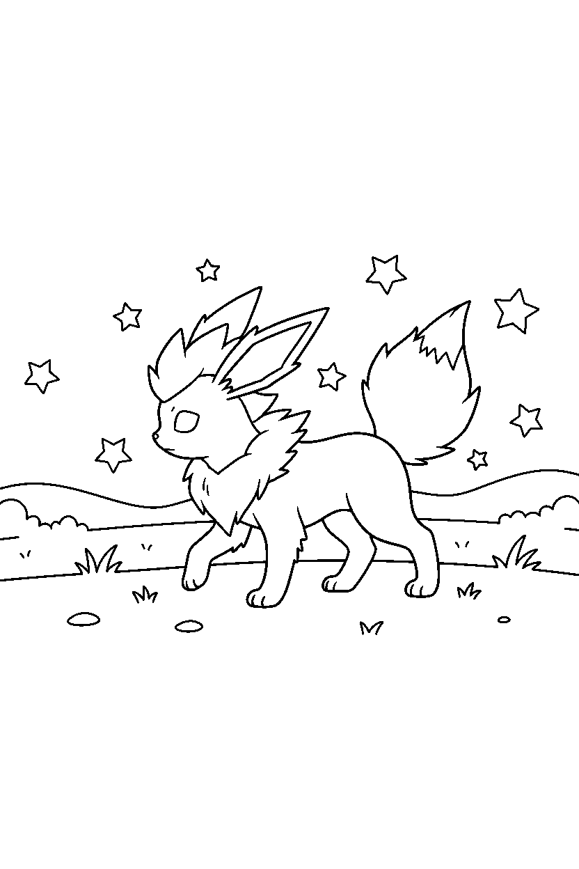 jolteon pokemon walking gently on a starry night field line art